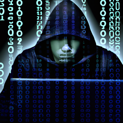 An image of a hacker wearing a black hoodie sitting in front of a computer, with lines of code and binary numbers projected onto their face.