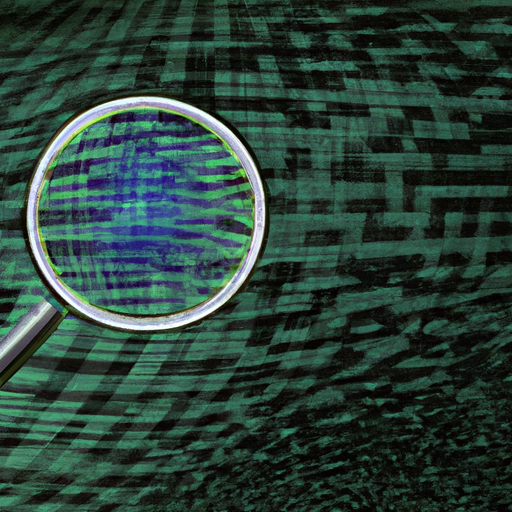 A magnifying glass zooming in on a digital grid with scattered data points, highlighting one point as an anomaly.