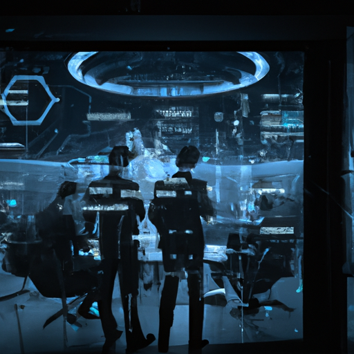 A futuristic office setting with professionals collaborating with AI-powered systems, showcasing the integration of technology in business operations.