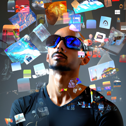 A person wearing smart glasses, surrounded by virtual images floating in the air, illustrating the integration of Augmented Reality in daily life and business operations.