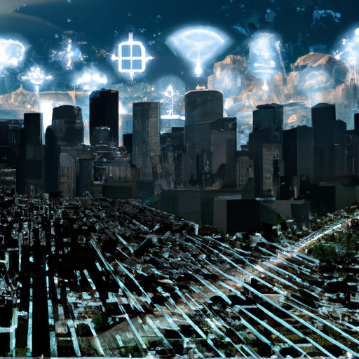 An image depicting a futuristic city skyline with AI algorithms running in the background, symbolizing the power and potential of classification in shaping the future of businesses.