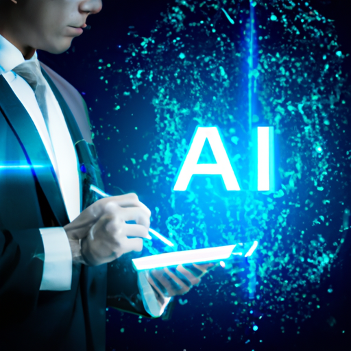 [A futuristic image of a businessman using a tablet with AI symbols and data visualizations in the background. The image showcases the seamless integration of human intelligence and AI technology.]