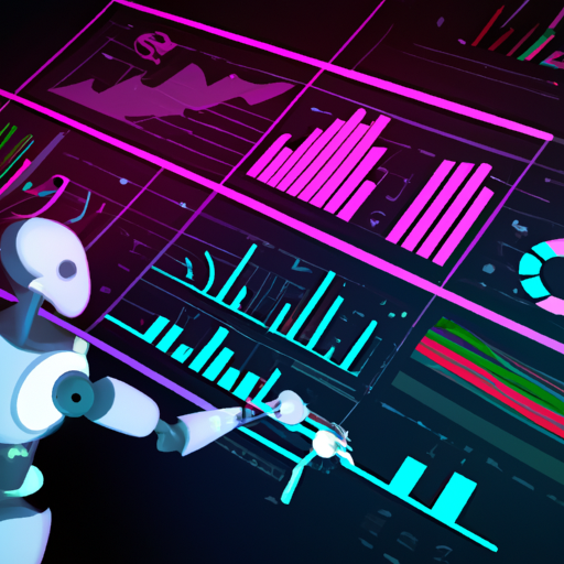 A futuristic robot analyzing a large dataset on a digital screen, with colorful graphs and charts representing insights being generated from the data.