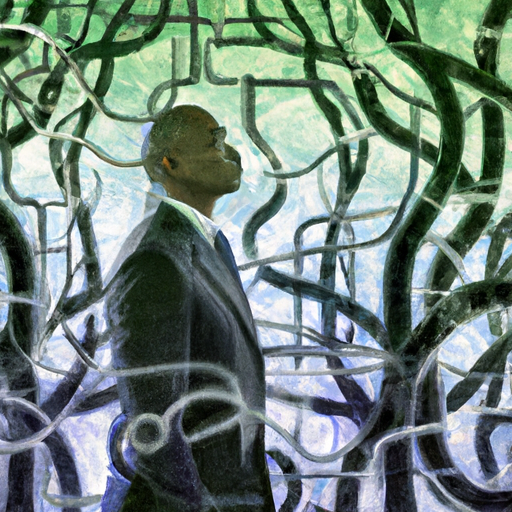 An image of a business owner surrounded by a forest of interconnected decision trees, representing the complexity and power of decision-making in AI.