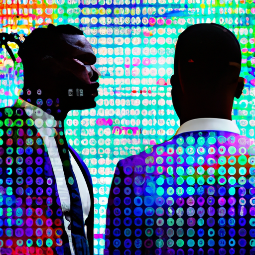 An image depicting a business owner and a data scientist working together, surrounded by AI algorithms and colorful data visualizations.