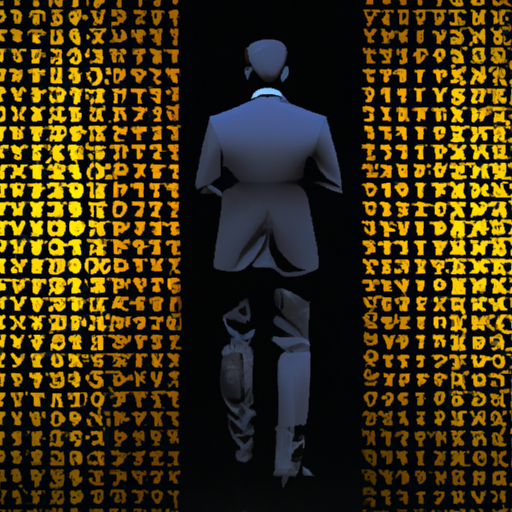 "A businessman surrounded by binary code, representing the intersection of business and technology."