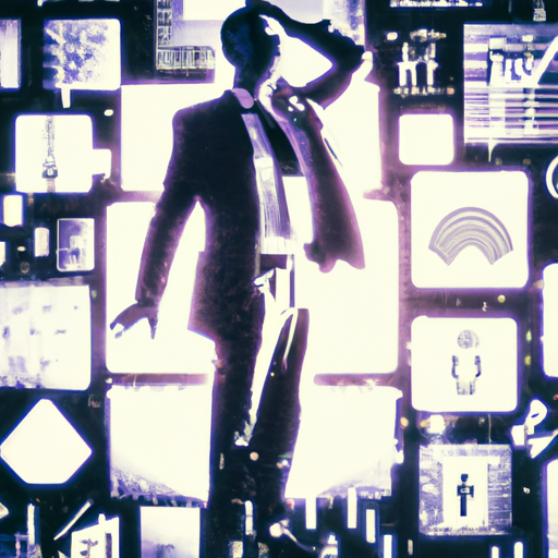 A futuristic image of a businessman surrounded by floating AI symbols and patterns, representing the concept of AI generalization in a business setting.