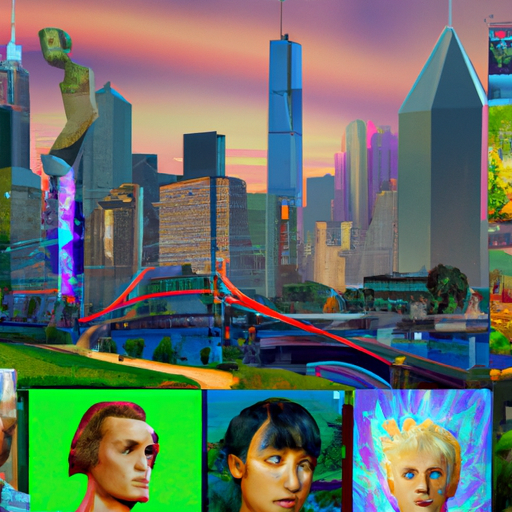 An image of a futuristic city skyline with AI-generated avatars and vibrant artwork in the foreground, representing the creative potential and applications of GANs.