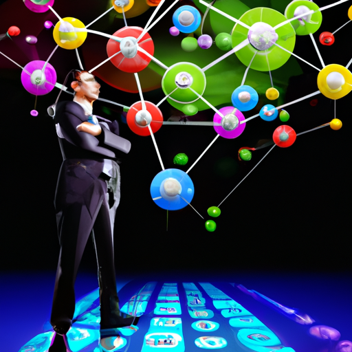 [Image of a businessman surrounded by colorful interconnected clusters representing data analysis]