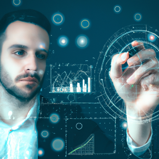 A futuristic image of a businessman drawing a graph on a transparent screen, surrounded by various data visualizations and AI algorithms.