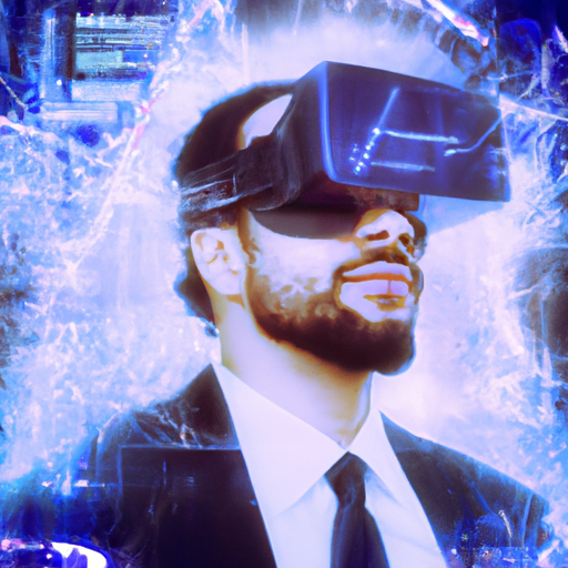 A futuristic image depicting a businessman with a virtual reality headset, surrounded by data visualizations and AI algorithms, symbolizing the potential of Inductive Learning in business.