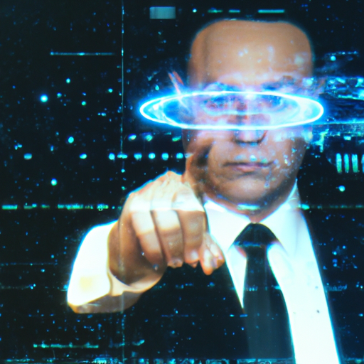 An image of a person interacting with a futuristic AI system, symbolizing the power of interactive learning and AI in business operations.