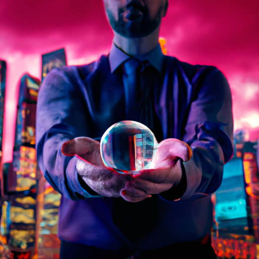 A vibrant image of a businessman holding a crystal ball with a futuristic cityscape in the background, symbolizing the power of AI and its ability to predict the future.