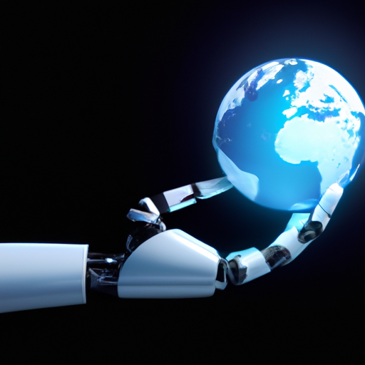 A futuristic image of a robot hand holding a globe, symbolizing the global impact of machine learning and artificial intelligence.