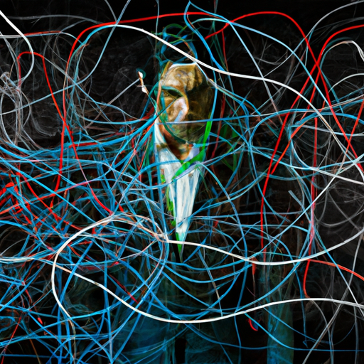 A businessman surrounded by tangled wires, symbolizing the complexity and challenges of overfitting in AI systems.