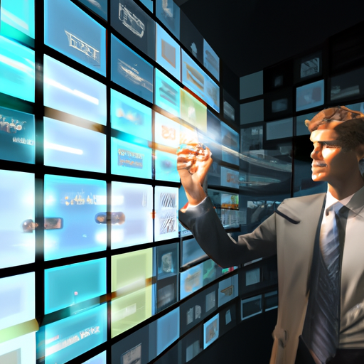 An image of a businessman looking at a futuristic interface displaying multiple possible outcomes, representing the use of probabilistic modeling in business decision-making.