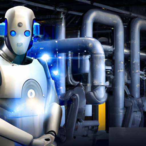 A futuristic image of a humanoid robot with glowing eyes, standing in a high-tech factory surrounded by automation equipment, symbolizing the integration of robotics and AI in a business setting.