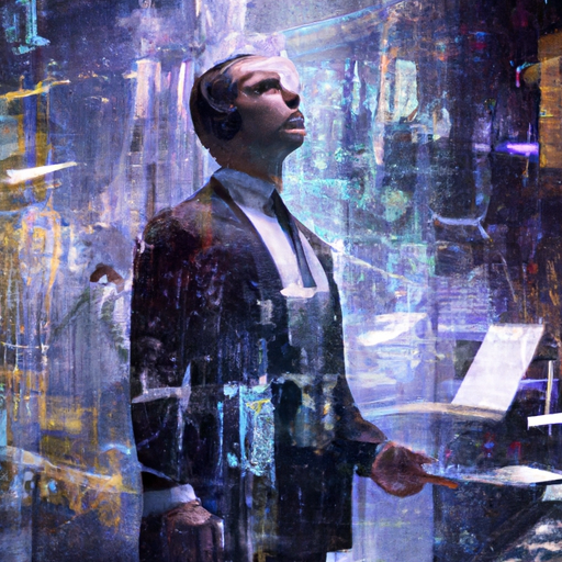 A futuristic image depicting a businessman working on multiple screens, with AI algorithms and data visualization surrounding him, representing the power of SaaS and AI in business transformation.