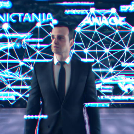 An image of a businessman in front of a futuristic digital screen with interconnected data points, representing the power of AI and supervised learning in transforming business operations.