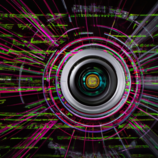 An image of a high-tech camera lens with lines of code overlayed on top, representing the fusion of technology and vision systems in AI for businesses.