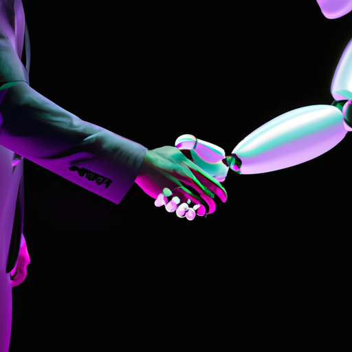 A futuristic image of a business owner shaking hands with an AI-powered robot, symbolizing the collaboration between humans and Weak AI in achieving business success.